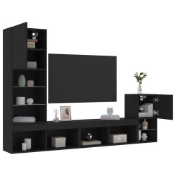 Unités murales TV avec LED 4 pcs noir bois d'ingénierie 