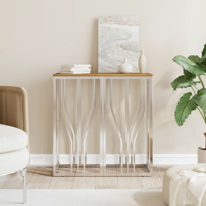 Table console argenté acier inoxydable et bois massif d'acacia Table console argenté acier inoxydable et bois massif d'acacia