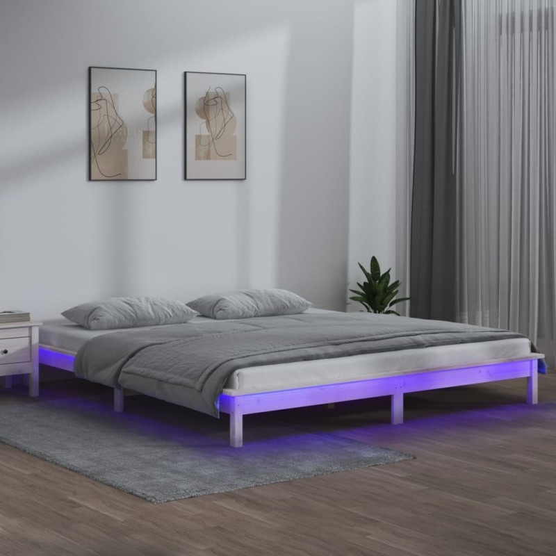 Cadre de lit à LED sans matelas blanc 135x190 cm bois massif 