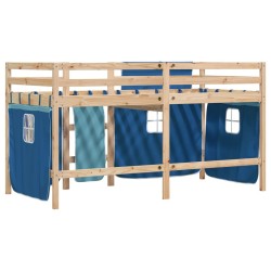 Lit mezzanine enfants avec rideaux sans matelas bleu 90x190 cm 