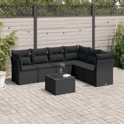 Salon de jardin 7 pcs avec coussins noir résine tressée 
