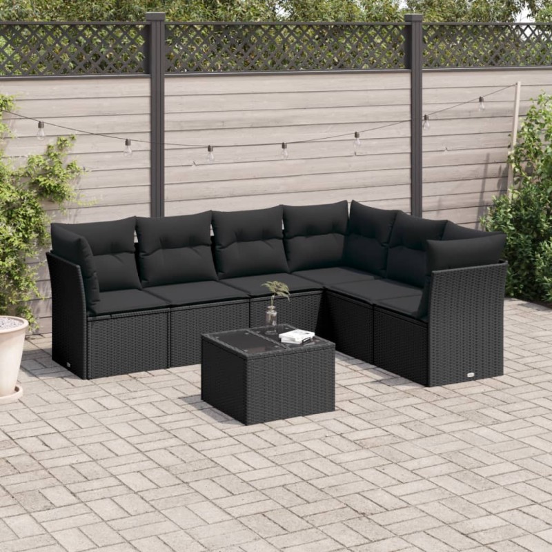Salon de jardin 7 pcs avec coussins noir résine tressée 
