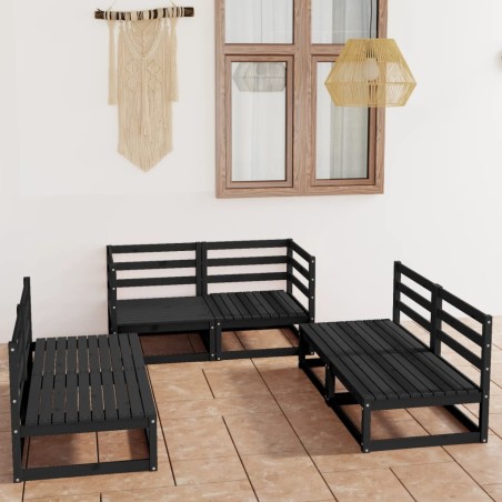 Salon de jardin 6 pcs noir bois de pin massif 