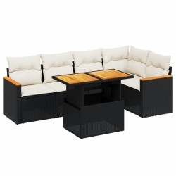 Salon de jardin 6 pcs avec coussins noir résine tressée 