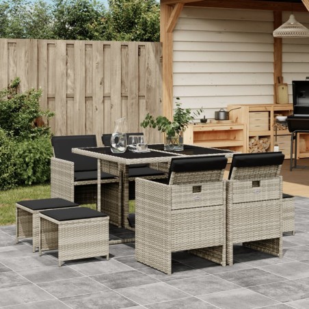 Ensemble à manger de jardin et coussins 9 pcs gris clair rotin 