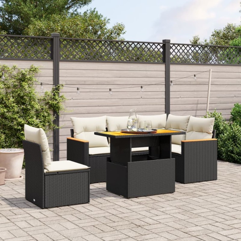 Salon de jardin 6 pcs avec coussins noir résine tressée 