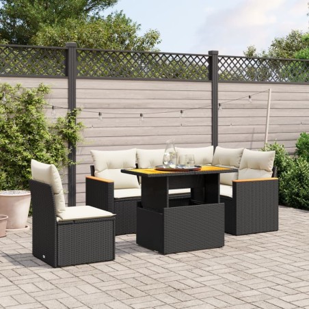 Salon de jardin 6 pcs avec coussins noir résine tressée 