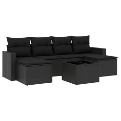 Salon de jardin 7 pcs avec coussins noir résine tressée 