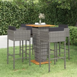 Ensemble de bar de jardin 5 pcs et coussins Résine tressée Gris 