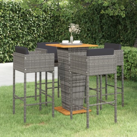Ensemble de bar de jardin 5 pcs et coussins Résine tressée Gris 