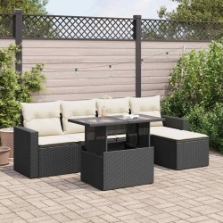 Salon de jardin 6 pcs avec coussins noir résine tressée 