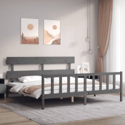 Cadre de lit avec tête de lit gris Super King Size bois massif 
