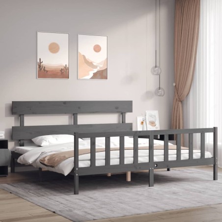 Cadre de lit avec tête de lit gris Super King Size bois massif 