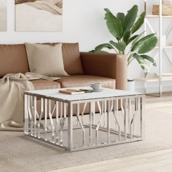 Table basse argenté 80x80x40 cm acier inoxydable et verre 