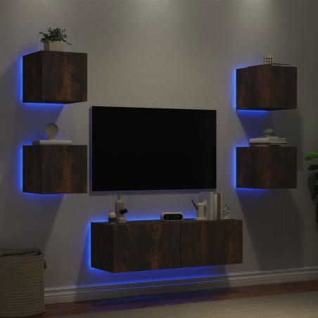 Meuble TV muraux 5 pcs avec lumières LED chêne fumé 