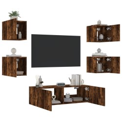 Meuble TV muraux 5 pcs avec lumières LED chêne fumé 