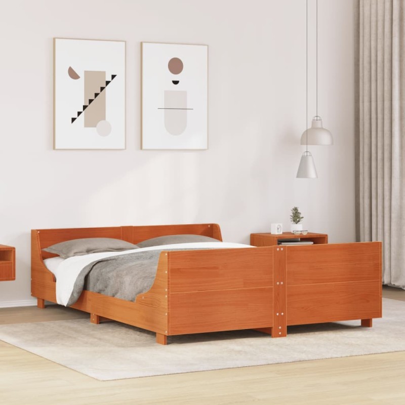 Cadre de lit sans matelas cire marron 135x190cm bois pin massif 