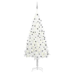 Arbre de Noël artificiel pré-éclairé et boules blanc 210 cm 