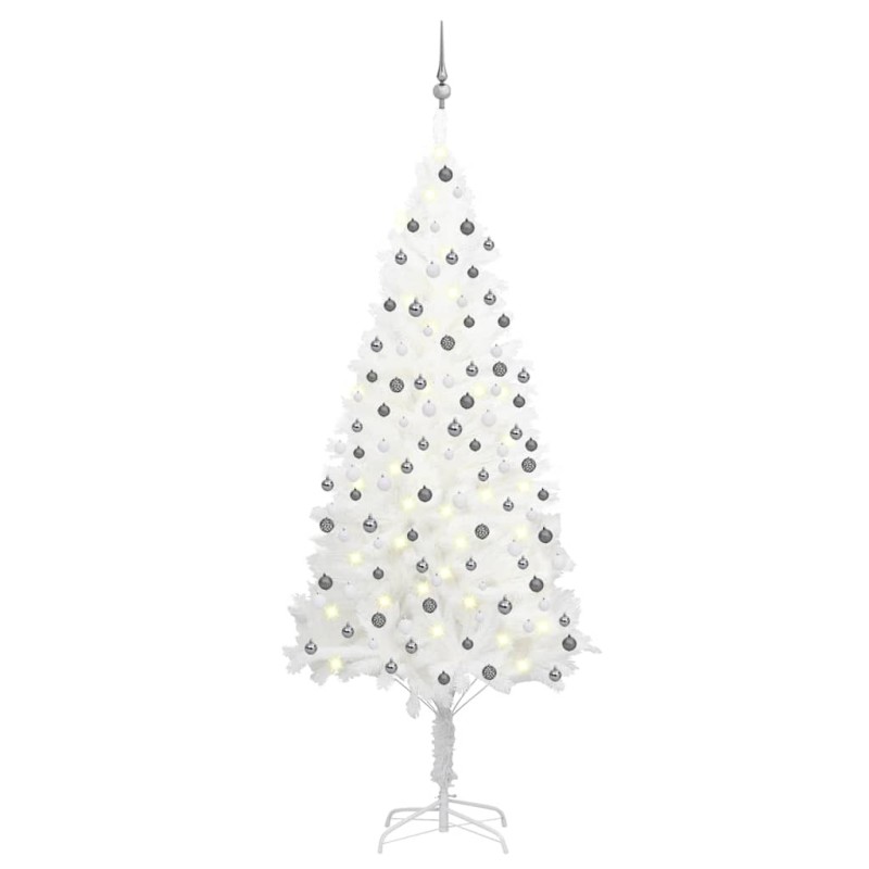 Arbre de Noël artificiel pré-éclairé et boules blanc 210 cm 