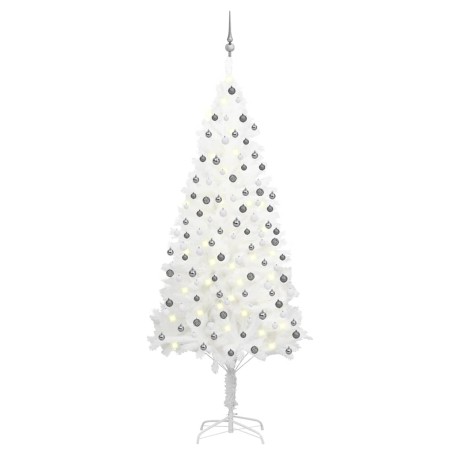 Arbre de Noël artificiel pré-éclairé et boules blanc 210 cm 