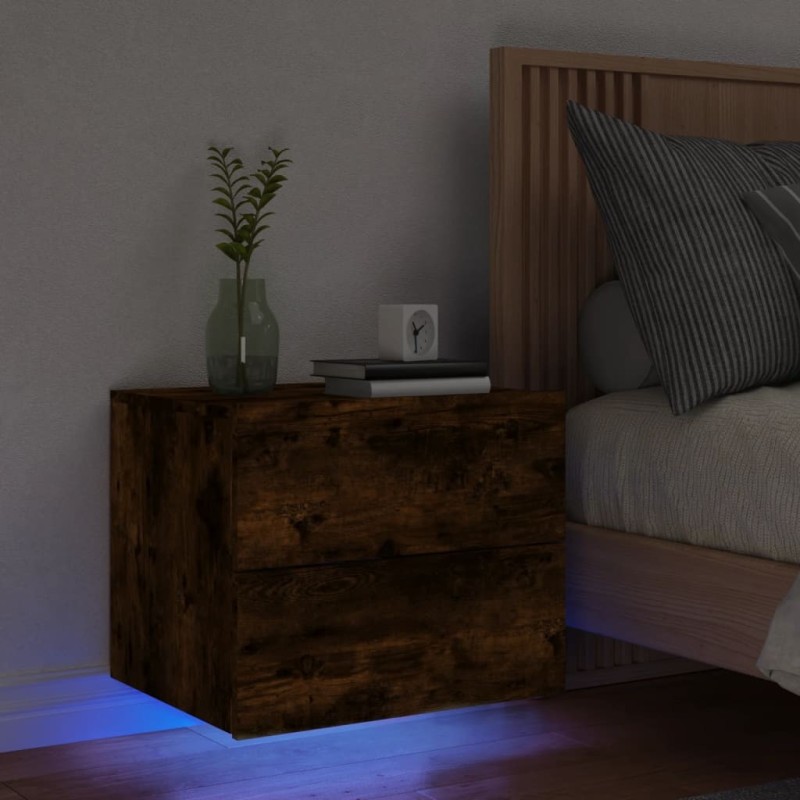 Table de chevet murale avec lumières LED chêne fumé 