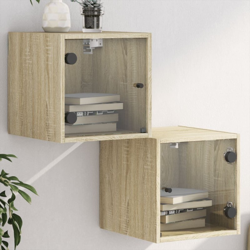 Tables de chevet et portes vitrées 2pcs chêne sonoma 35x37x35cm 