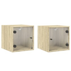 Tables de chevet et portes vitrées 2pcs chêne sonoma 35x37x35cm 