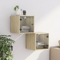 Tables de chevet et portes vitrées 2pcs chêne sonoma 35x37x35cm 