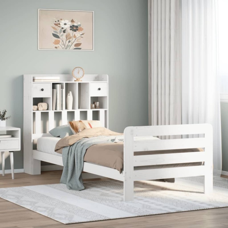 Lit bibliothèque sans matelas blanc 100x200 cm bois pin massif 