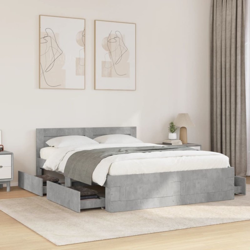 Cadre de lit et tête de lit sans matelas gris béton 135x190 cm 