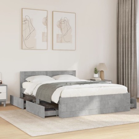 Cadre de lit et tête de lit sans matelas gris béton 135x190 cm 