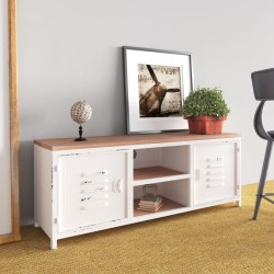 Meuble TV Blanc 110x30x40 cm Fer et bois de sapin massif 
