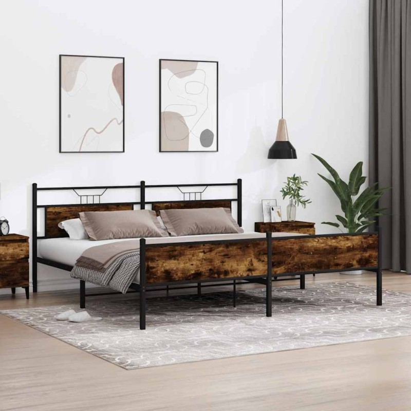 Cadre de lit en métal sans matelas chêne fumé 193x203 cm 