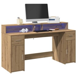 Bureau avec lumières LED chêne artisanal bois d'ingénierie 