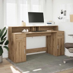 Bureau avec lumières LED chêne artisanal bois d'ingénierie 