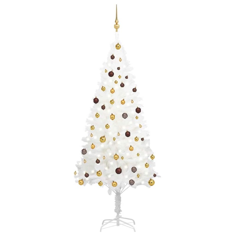 Arbre de Noël artificiel pré-éclairé et boules blanc 210 cm 