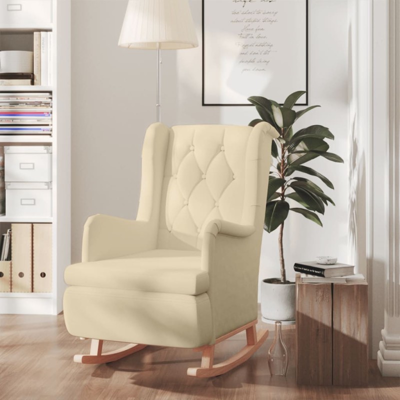 Fauteuil et pieds à bascule en bois d'hévéa solide crème Tissu Fauteuil et pieds à bascule en bois d'hévéa solide crème Tissu