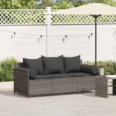 Canapé de jardin avec coussins 3 places gris résine tressée 