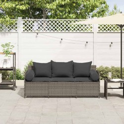 Canapé de jardin avec coussins 3 places gris résine tressée 