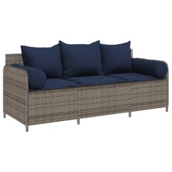 Canapé de jardin avec coussins 3 places gris résine tressée 