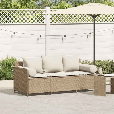 Canapé de jardin avec coussins 3 places beige résine tressée 