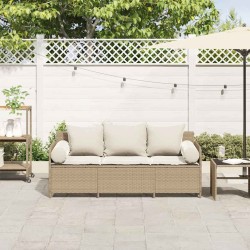 Canapé de jardin avec coussins 3 places beige résine tressée 