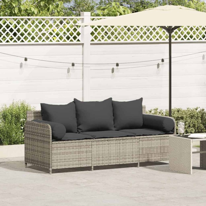 Canapé de jardin et coussins 3 places gris clair résine tressée 