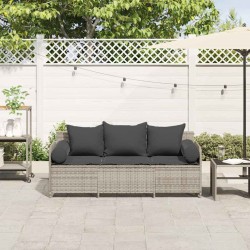 Canapé de jardin et coussins 3 places gris clair résine tressée 