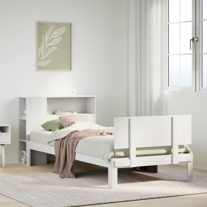 Lit bibliothèque sans matelas blanc 90x190cm bois de pin massif 