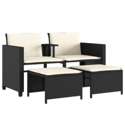 Canapé de jardin 2 places avec table et tabourets noir rotin 