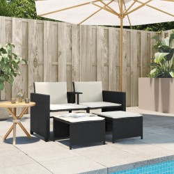 Canapé de jardin 2 places avec table et tabourets noir rotin 