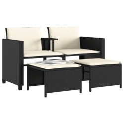 Canapé de jardin 2 places avec table et tabourets noir rotin 