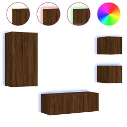 Unités murales TV avec LED 5 pcs chêne marron bois d'ingénierie 
