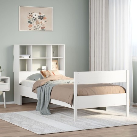Lit bibliothèque sans matelas blanc 90x200cm bois de pin massif 